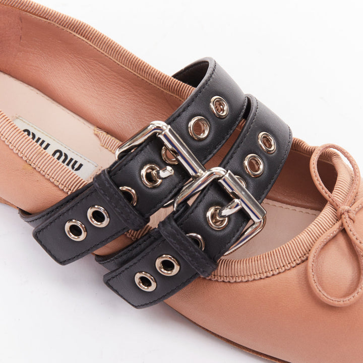 MIU MIU beige leather double black buckle punk strap ballet flats EU37.5