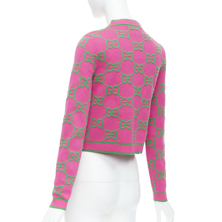 GUCCI 2023 pink green silk blend GG Jacquard crop cardigan XS