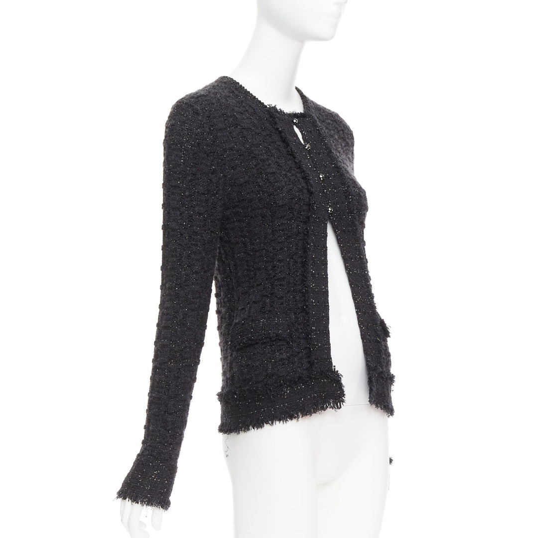 CHANEL 05A black metallic tweed silver CC logo cardigan jacket FR38 M