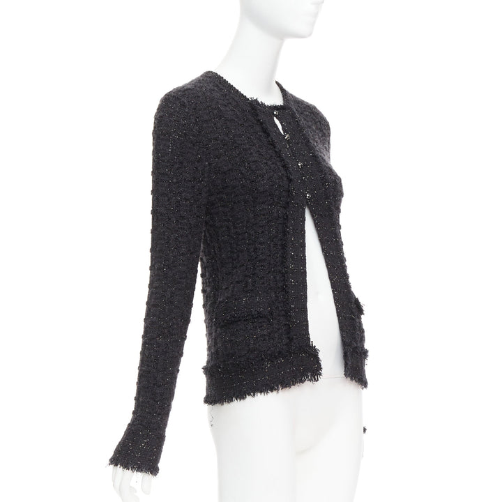 CHANEL 05A black metallic tweed silver CC logo cardigan jacket FR38 M