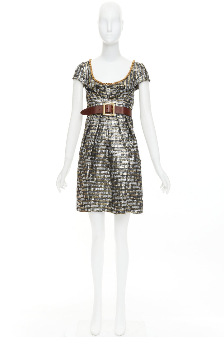 DOLCE GABBANA metallic gold silver check jacquard gold chain belt dress IT38 XS
