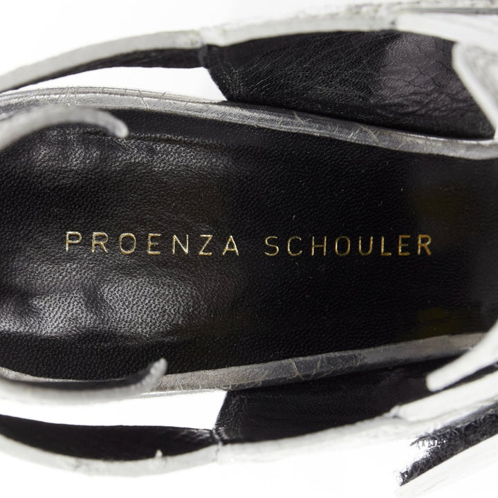 PROENZA SCHOULDER crinkled metallic silver leather laced block heel sandal EU37