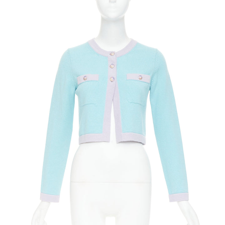 CHANEL 24C 100% cashmere pastel blue contrast trim glitter CC cropped cardigan F