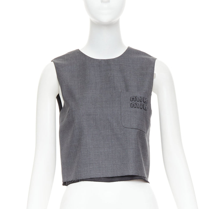 MIU MIU 2022 Runway grey virgin wool Grisaille logo crop top IT36 XXS