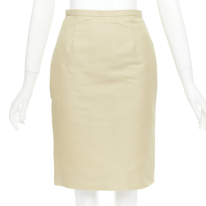 VALENTINO khaki cotton silk darted high waist back slit pencil skirt US2 S