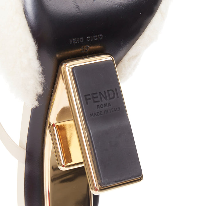 FENDI 2021 Runway First cream shearling gold F heel mule sandals EU35