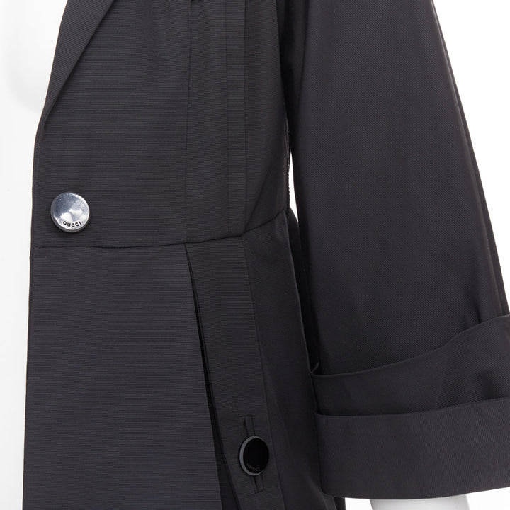 GUCCI 2007 black textured nylon plastic logo buttons long coat IT36 XXS