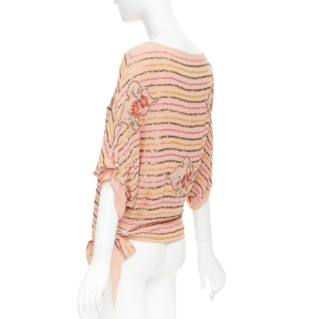 COLLETTE DINNIGAN blush pink 100% silk metallic sequin embellished lined top S