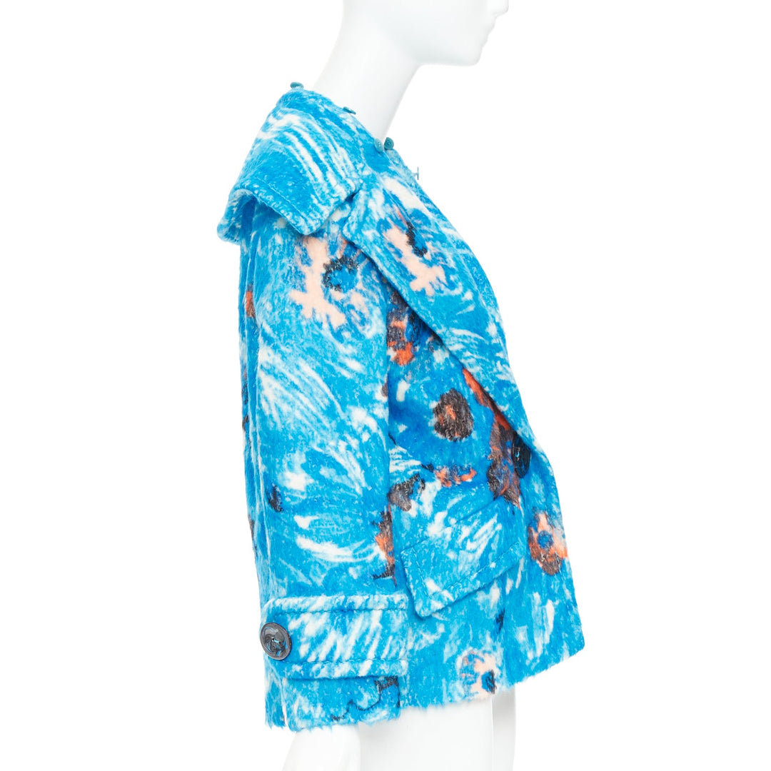 PRADA 2017 Runway blue alpaca wool abstract floral fur collar pea coat IT36 XS