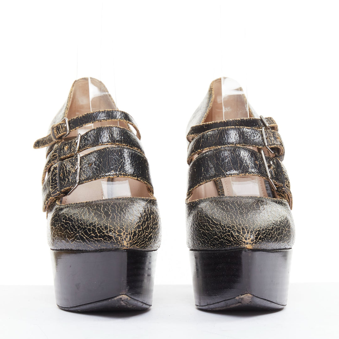 MIU MIU dark brown cracked effect leather triple strap platform heels EU37