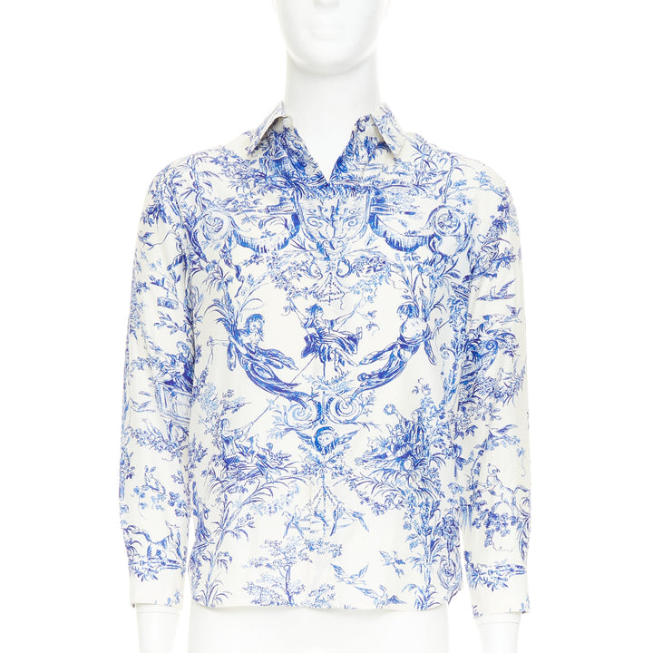 DIOR HOMME 2020 Toile De Jouy 100% silk white blue long sleeve shirt EU38 S
