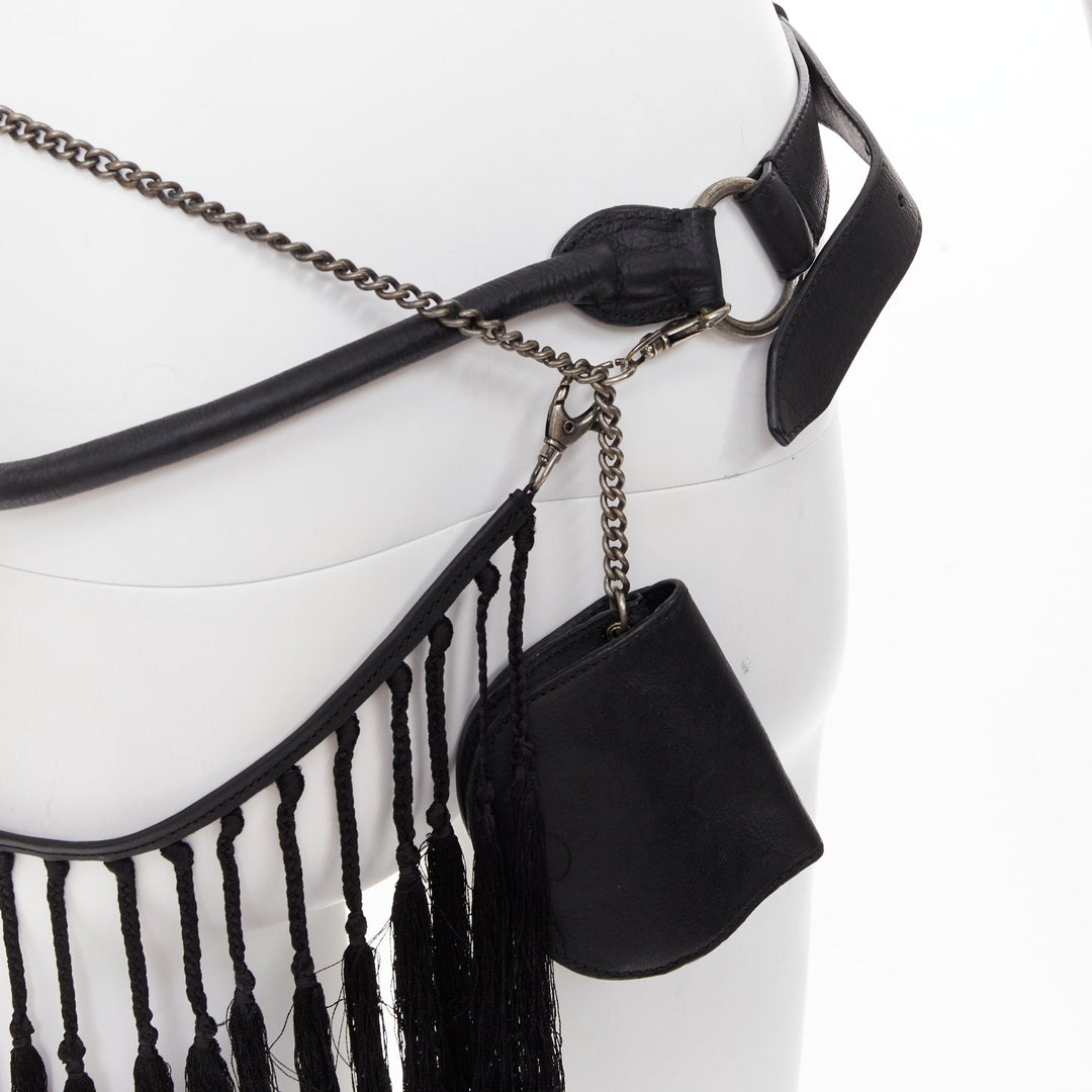 rare ANN DEMEULEMEESTER Vintage black leather macrame fringe small pouch belt