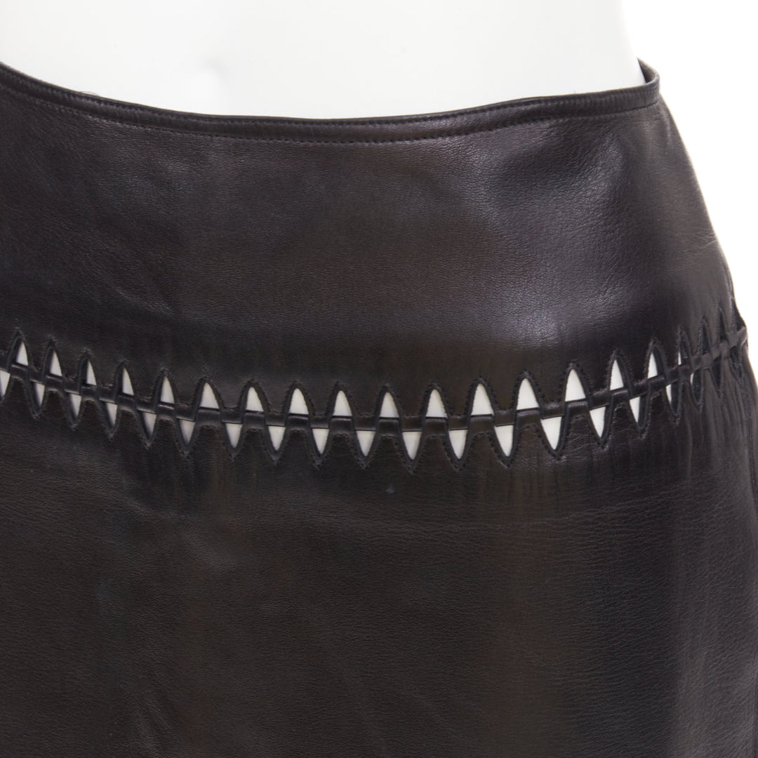 ALAIA black lambskin leather topstitched geometric cut out pencil skirt FR40 L