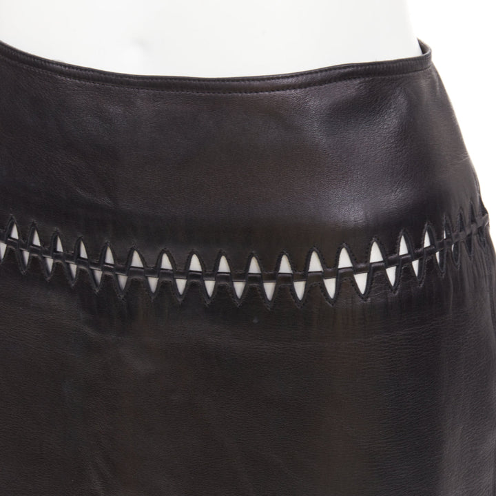 ALAIA black lambskin leather topstitched geometric cut out pencil skirt FR40 L