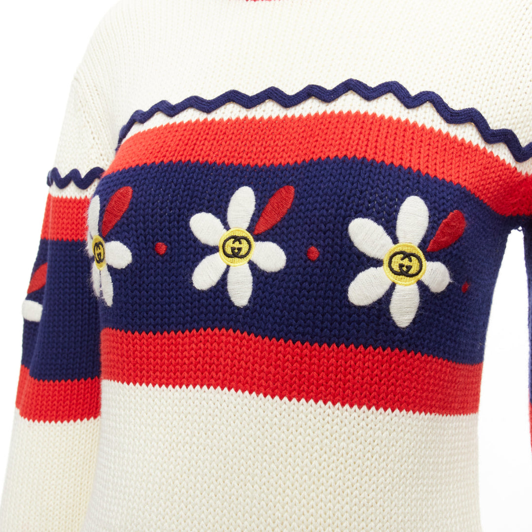 GUCCI Kids cream blue red cotton GG logo daisy bateau sweater I2Y XS