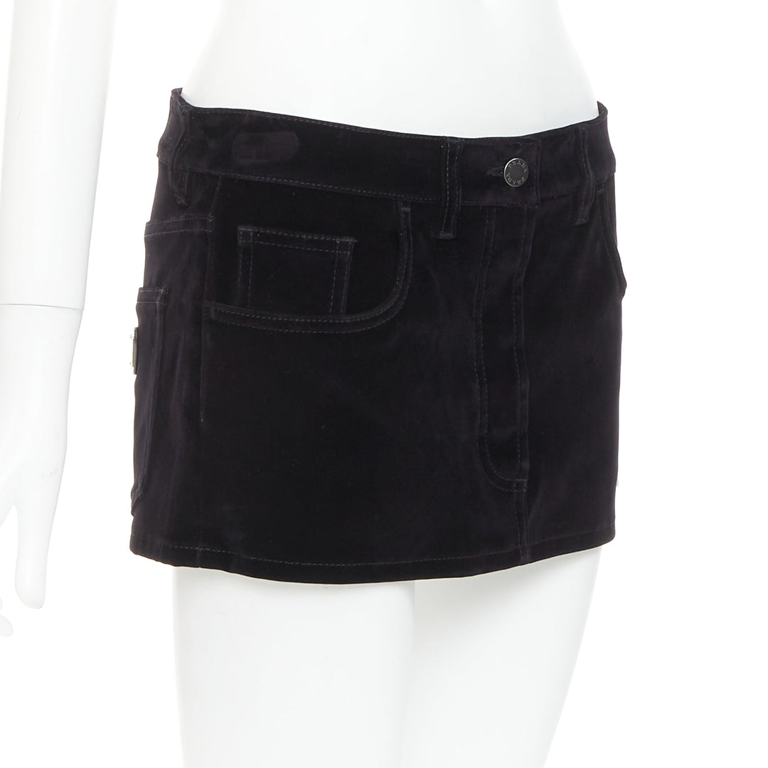 PRADA 2023 black velvet denim silver triangle logo low rise mini skirt IT40 S