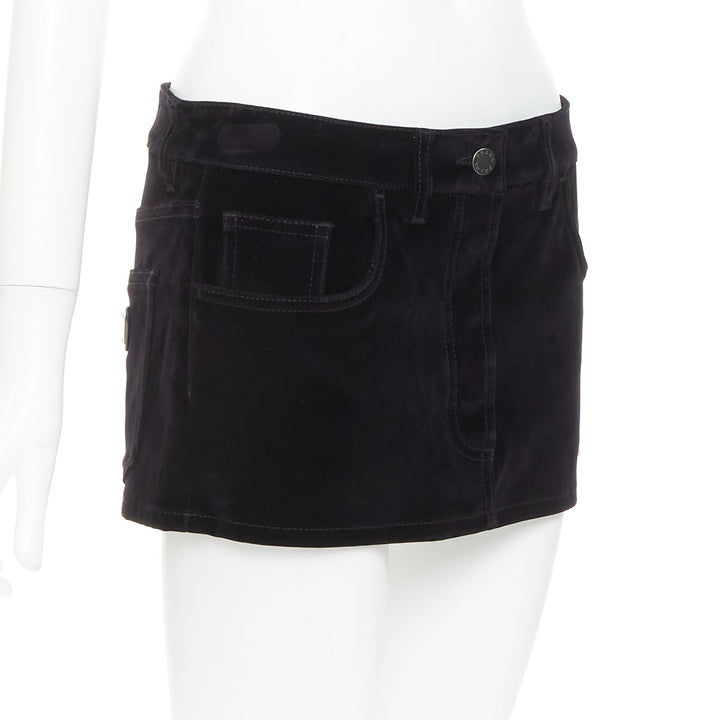 PRADA 2023 black velvet denim silver triangle logo low rise mini skirt IT40 S