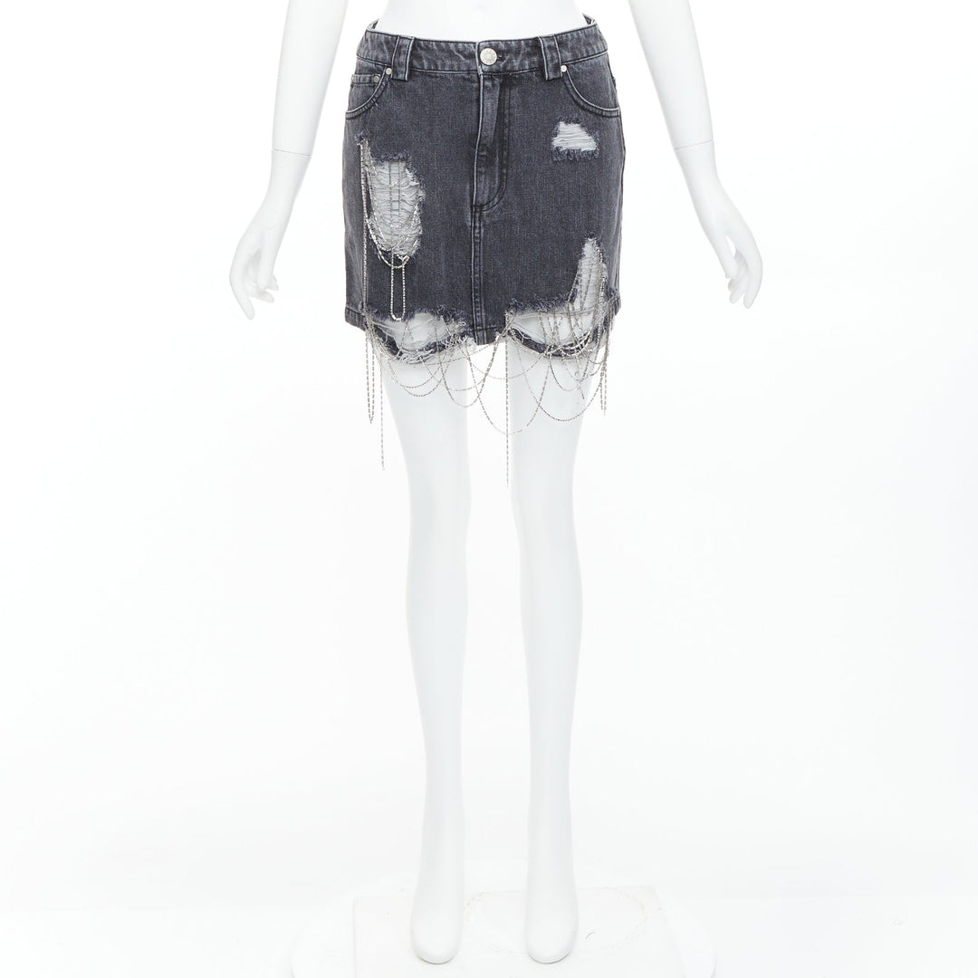 MARK GONG grey denim distressed beaded fringe mini skirt IT36 XXS