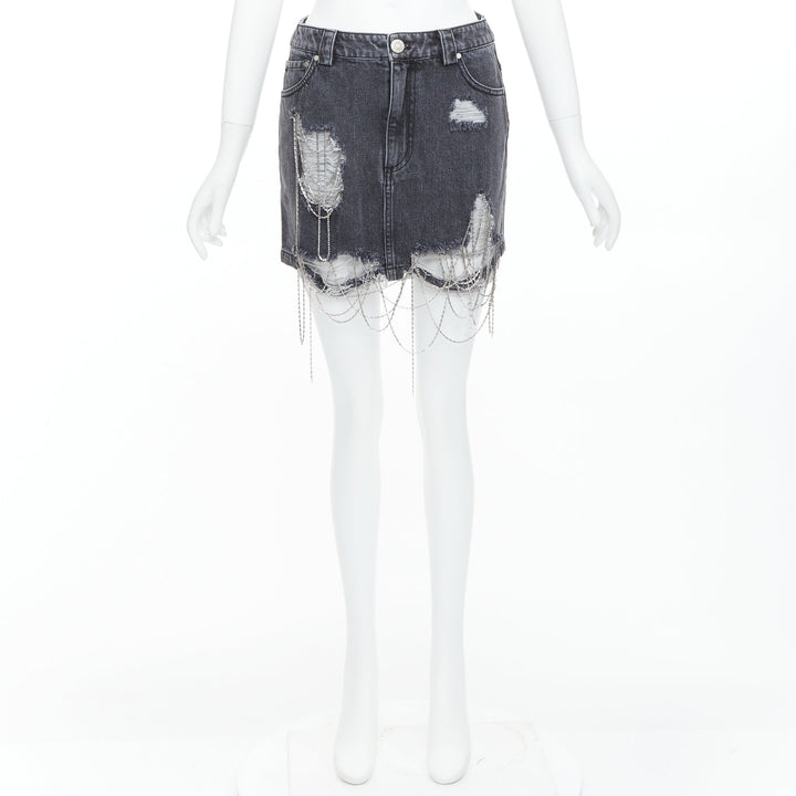 MARK GONG grey denim distressed beaded fringe mini skirt IT36 XXS