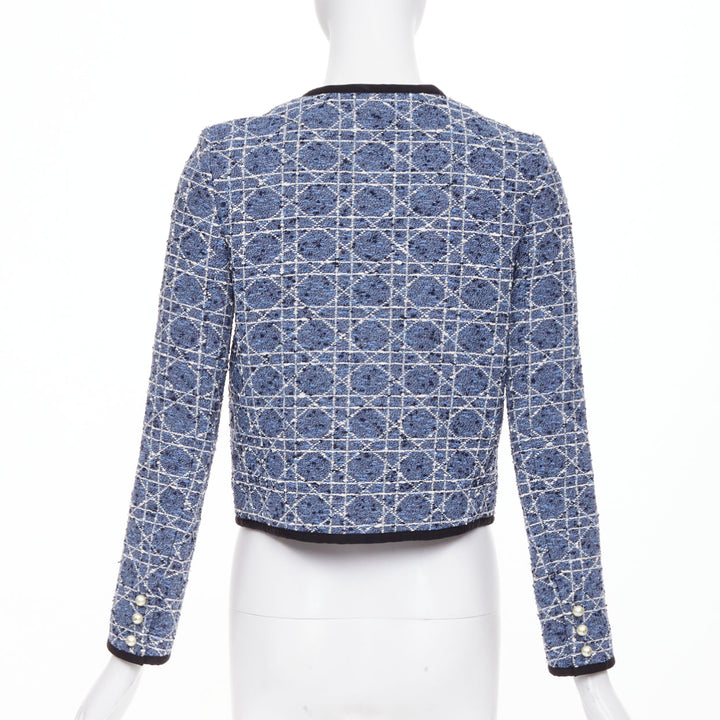 DIOR Macrocannage Technical Cotton Tweed blue white pearl button jacket FR34 XS