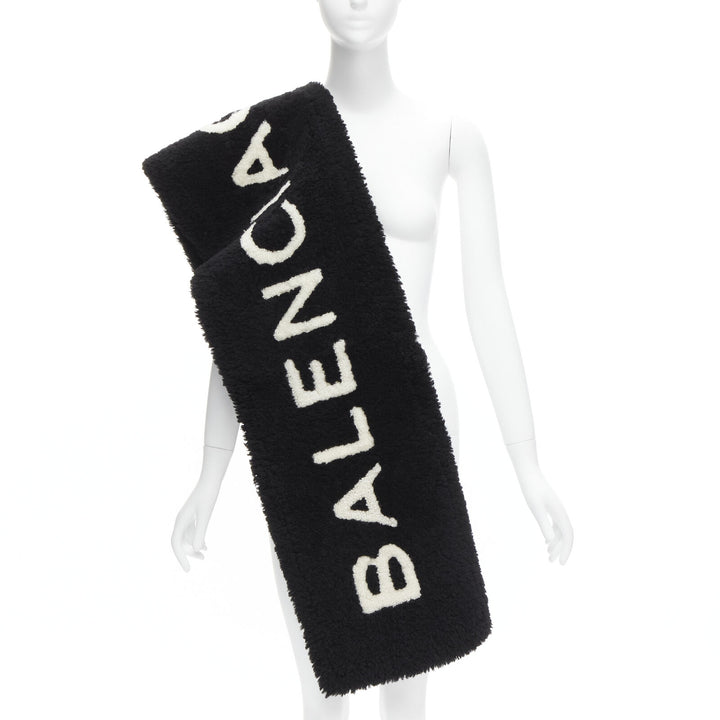 rare BALENCIAGA Demna 2016 Runway black white logo lambskin shearling scarf