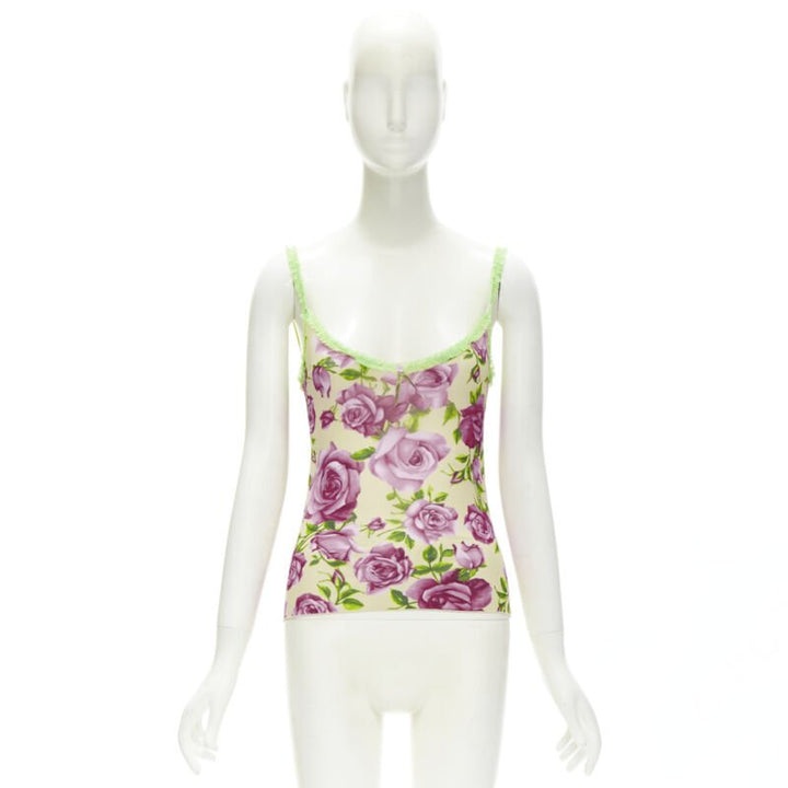 D&G DOLCE GABBANA Vintage Y2K pink rose green ruffle trim cami tank top XS