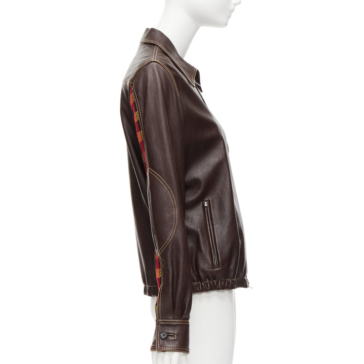 MARNI brown lambskin leather overstitching plaid lined zip jacket IT42 M