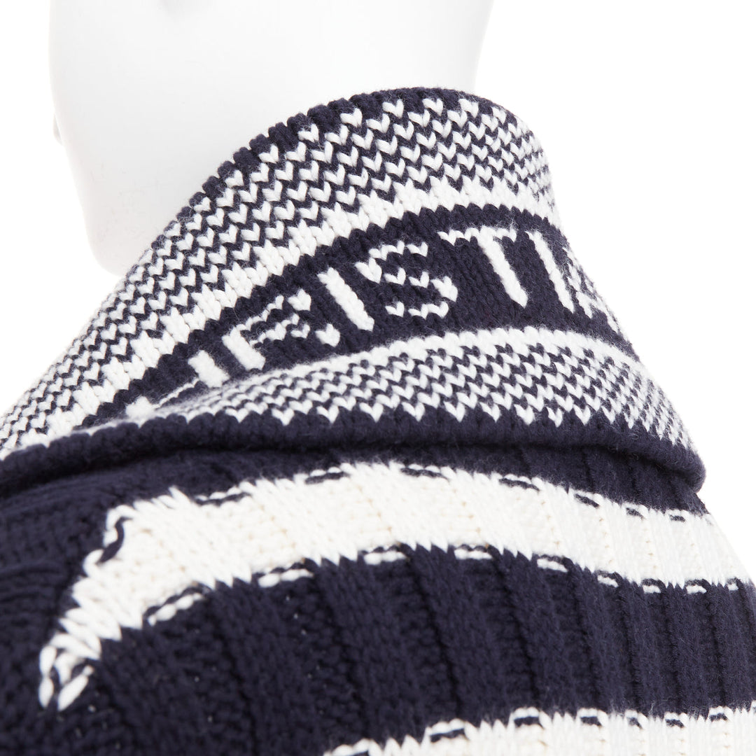 DIOR navy white cotton cashmere logo intarsia back neck striped cardigan FR34 XS