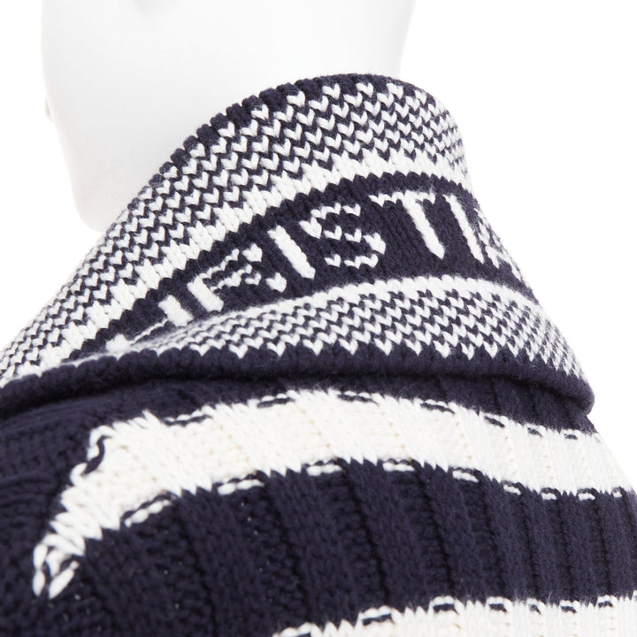 DIOR navy white cotton cashmere logo intarsia back neck striped cardigan FR34 XS