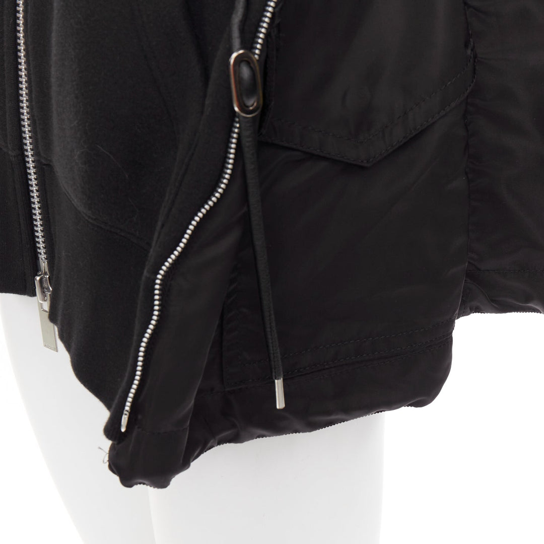 SACAI 2019 black cotton blend nylon side zip deconstructed hybrid hoodie JP2 M