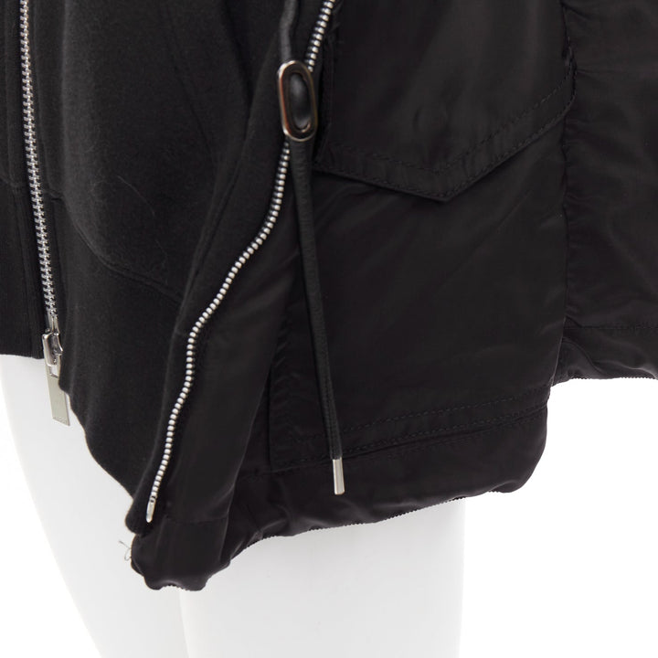 SACAI 2019 black cotton blend nylon side zip deconstructed hybrid hoodie JP2 M