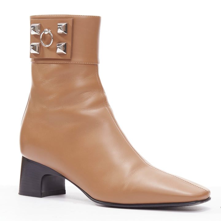 HERMES Decouverte 50 Beige Dore brown leather silver hardware ankle boots EU36
