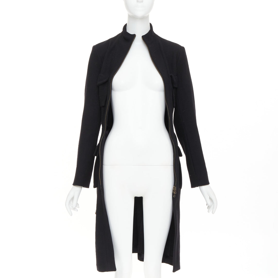 LANVIN 2003 black wool cargo pocket belted high neck zip front long coat FR36 S