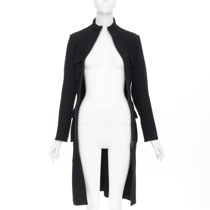 LANVIN 2003 black wool cargo pocket belted high neck zip front long coat FR36 S