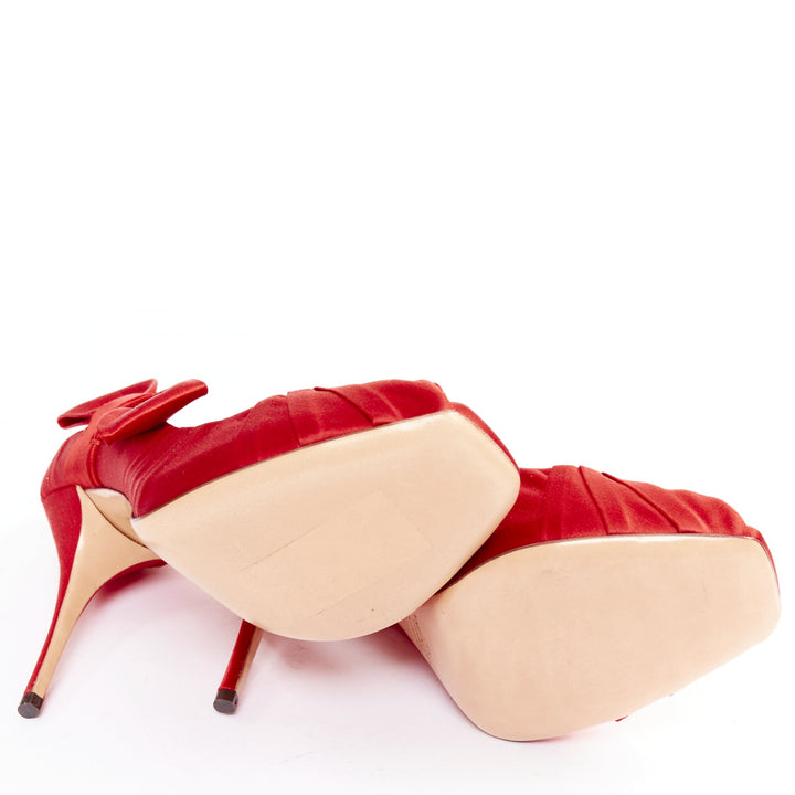 VALENTINO red pleated satin ribbon bow peep toe stiletto pumps EU37
