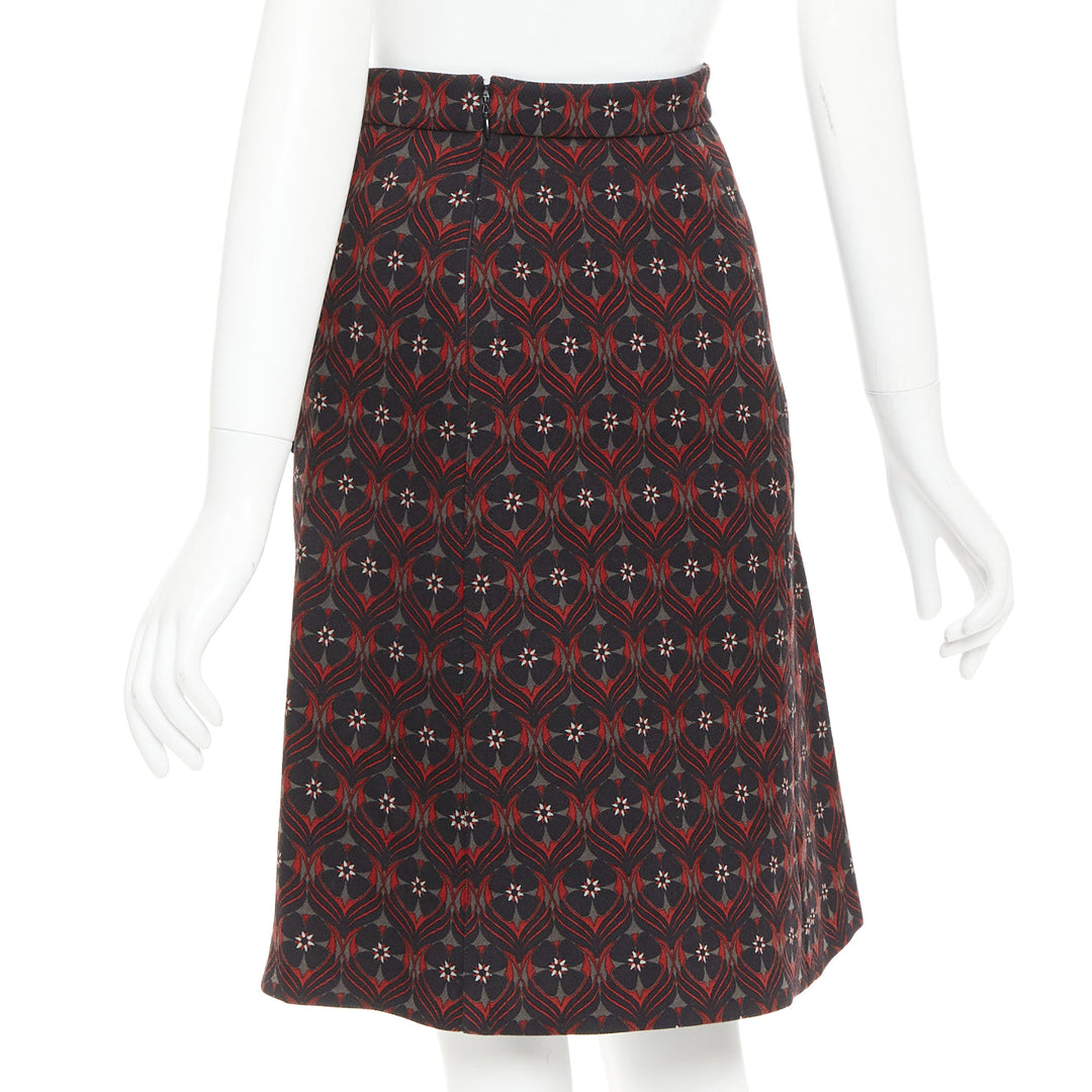 MIU MIU 2015 red khaki floral wool vintage print pocketed A-line skirt IT36 XXS