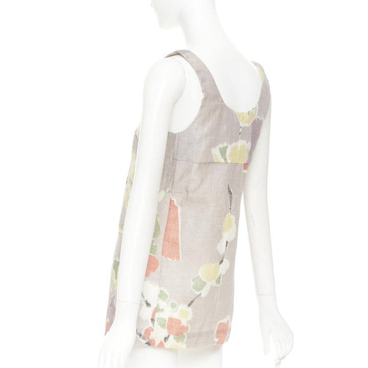 MARNI light grey ramie blend muted floral print panelled scoop neck top IT38 XS