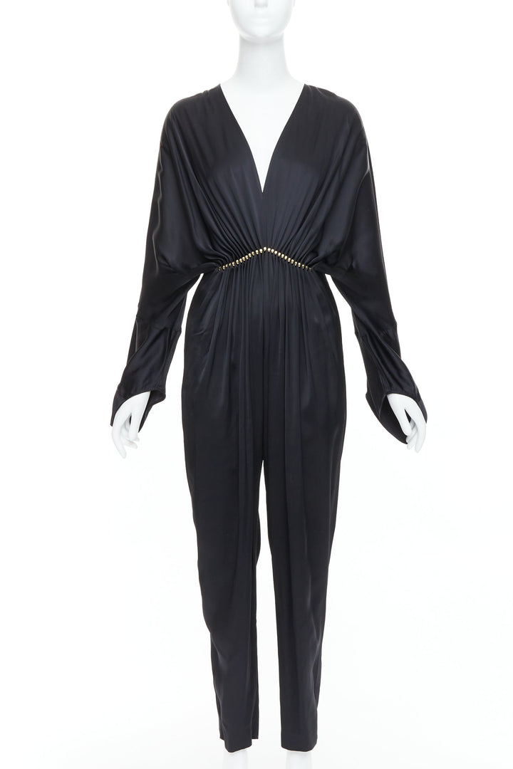 STELLA MCCARTNEY Morgan black gold pleated plunge jumpsuit IT34 XXS Alicia Keys