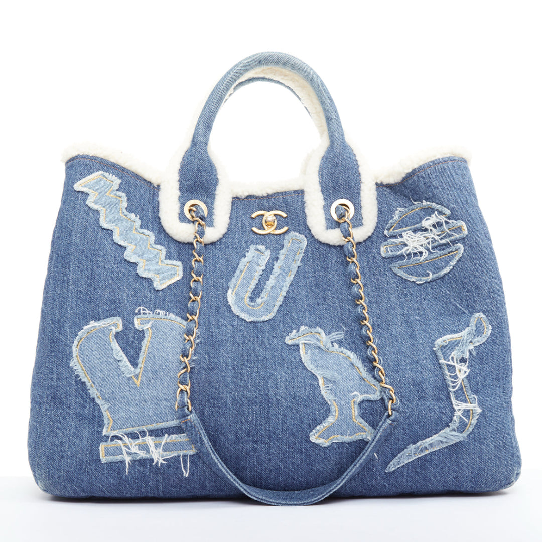 CHANEL 2019 Runway Paris-Egypt Deauville Hieroglyph Shopping Tote denim blue