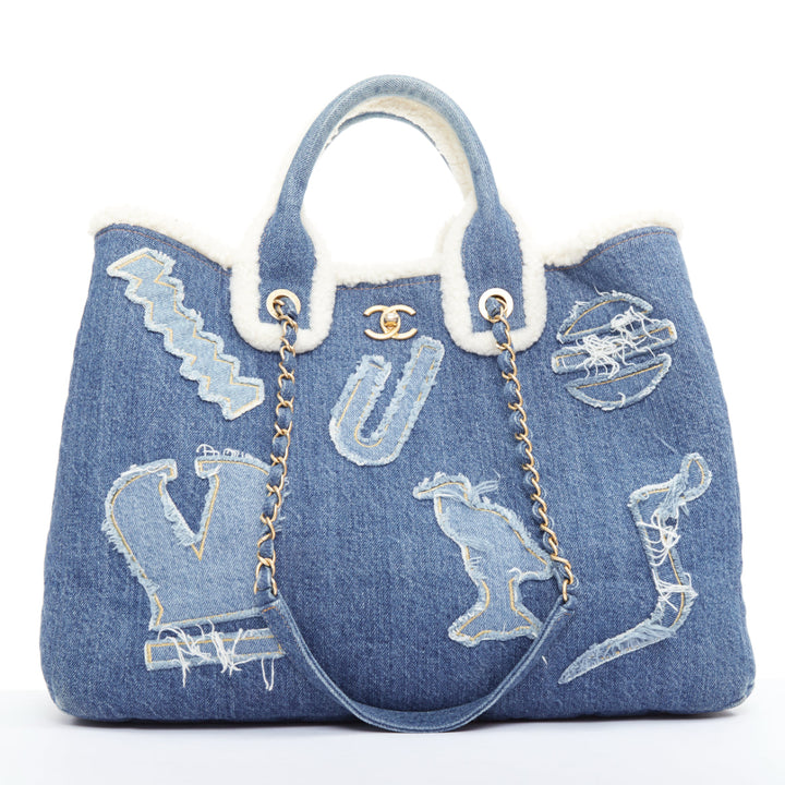 CHANEL 2019 Runway Paris-Egypt Deauville Hieroglyph Shopping Tote denim blue
