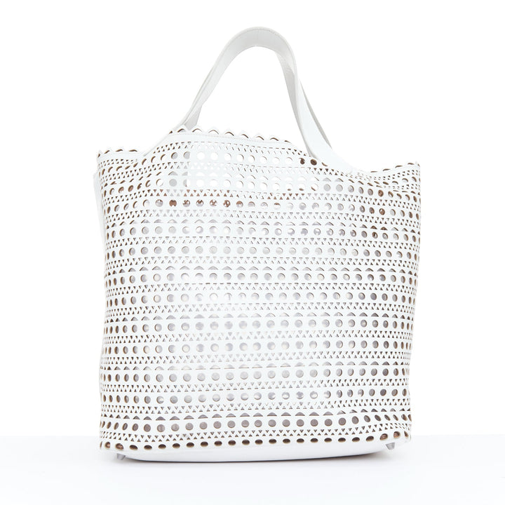 ALAIA Le Mina Vienne Wave laser cut white calfskin leather travel tote bag