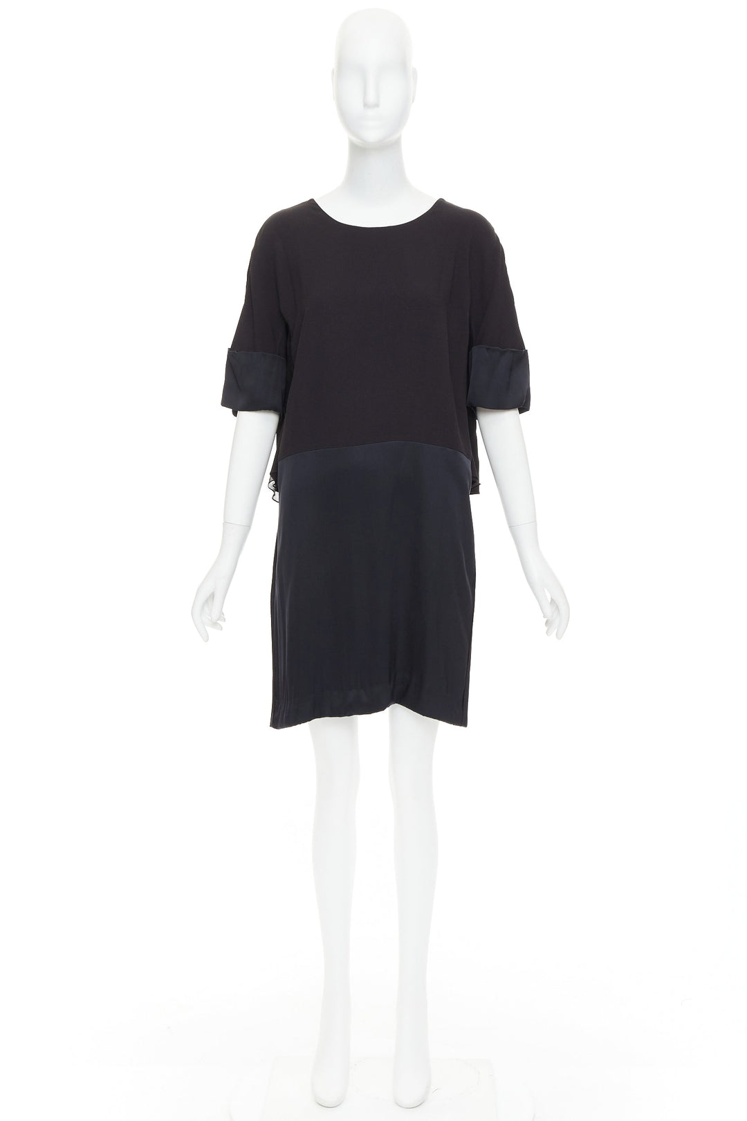 CHLOE black 100% silk crepe satin contrast cape back dress FR42 XL