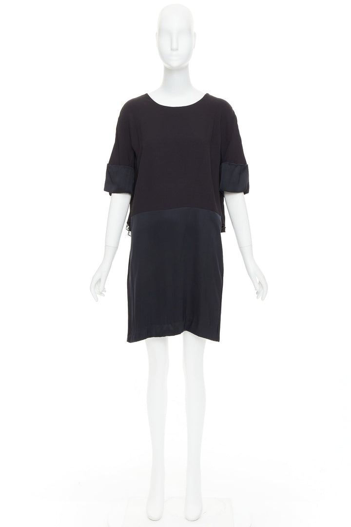 CHLOE black 100% silk crepe satin contrast cape back dress FR42 XL