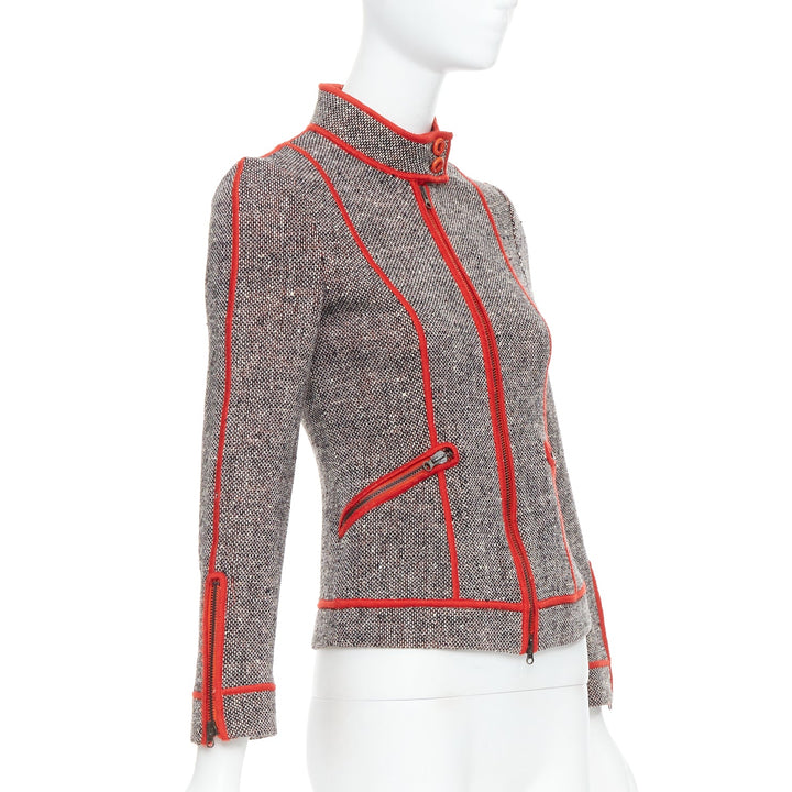 MOSCHINO CHEAP CHIC Vintage grey wool tweed red piping  moto jacket IT38 XS