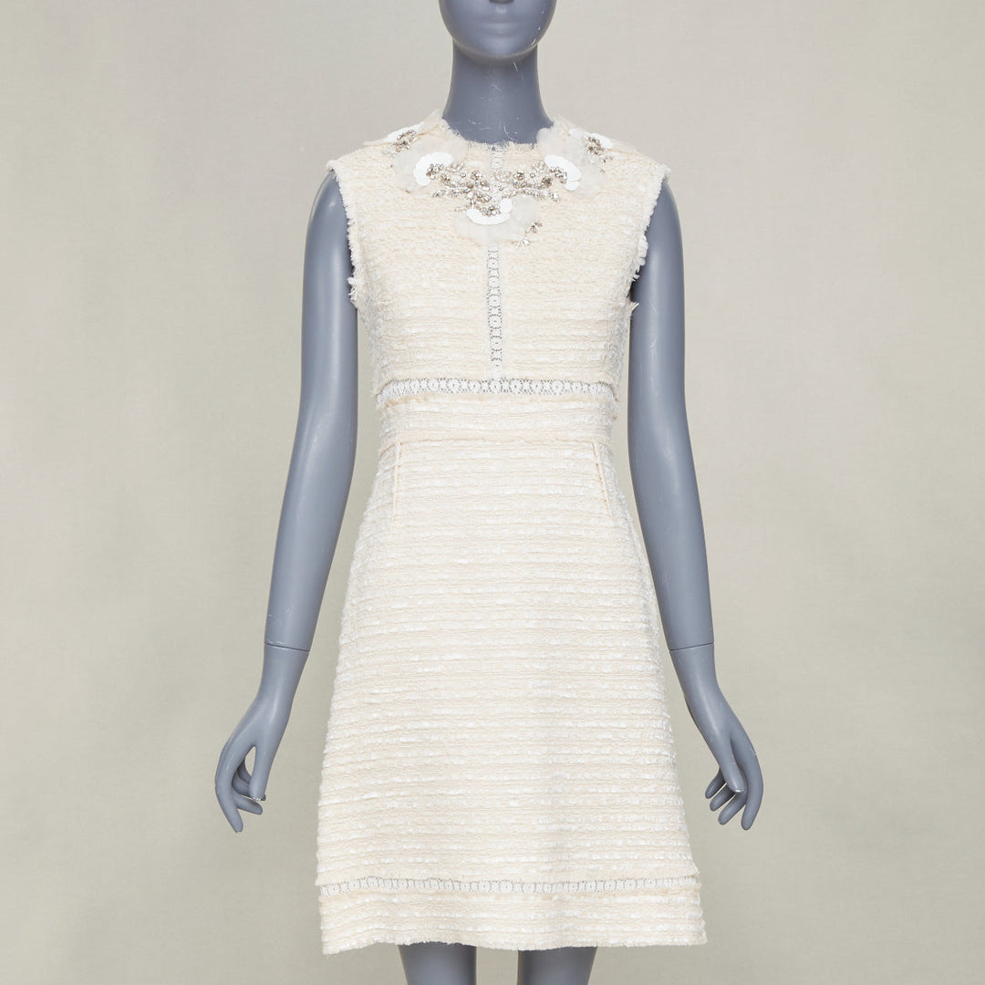 GIAMBATTISTA VALLI 2018 crystal embroidered neck ivory tweed dress IT40 XS