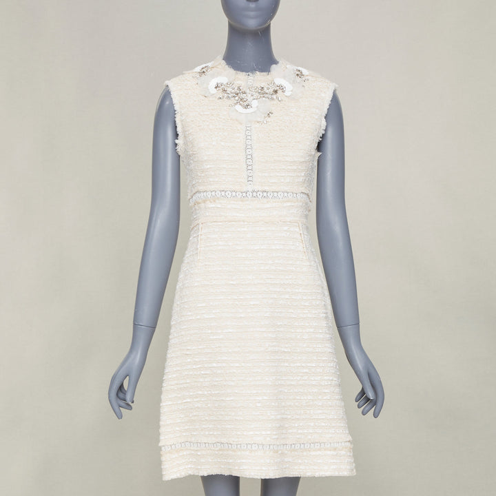 GIAMBATTISTA VALLI 2018 crystal embroidered neck ivory tweed dress IT40 XS