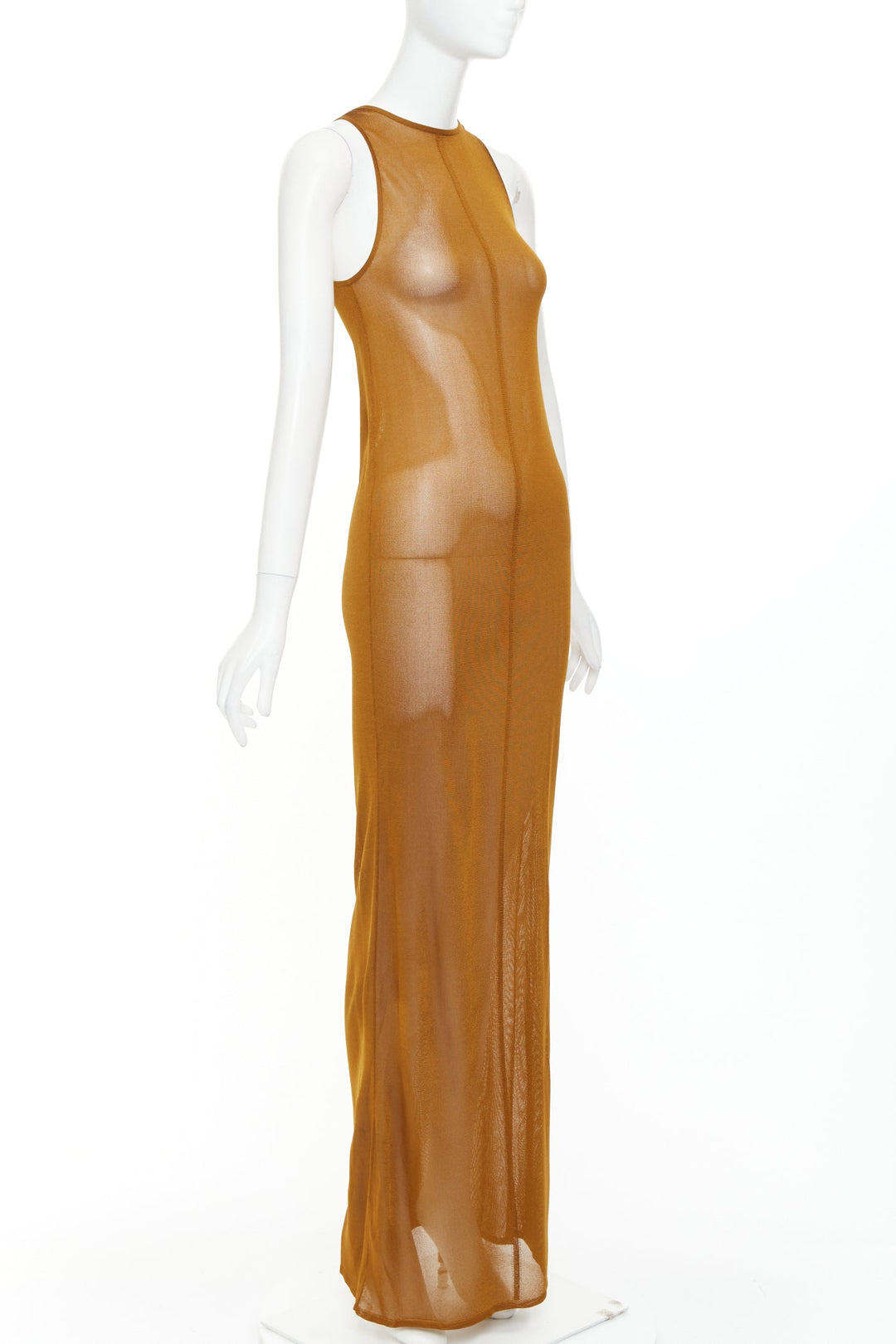 SAINT LAURENT 2022 warm brown slinky viscose semi sheer knit maxi tank dress S