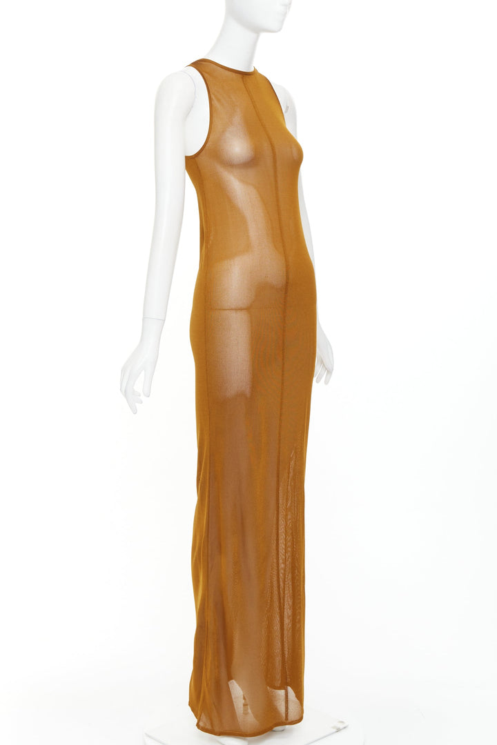 SAINT LAURENT 2022 warm brown slinky viscose semi sheer knit maxi tank dress S
