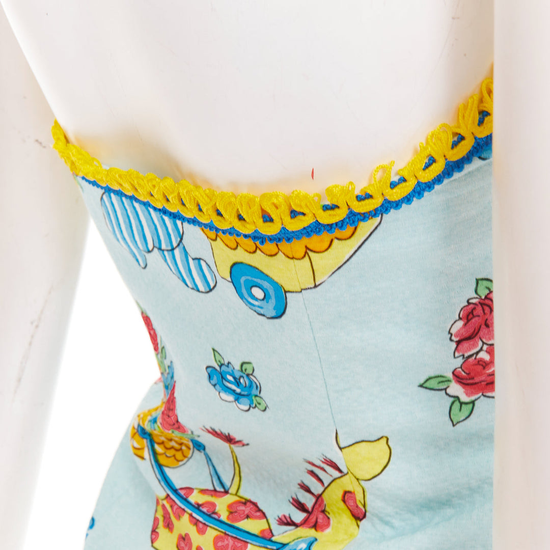 MOSCHINO COUTURE! 2022 Runway Calico Animals blue strapless dress IT38 XS