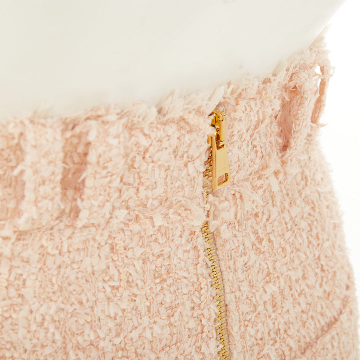 BALMAIN 2024 pink fringe lion head button high waist boucle tweed shorts FR34 XS